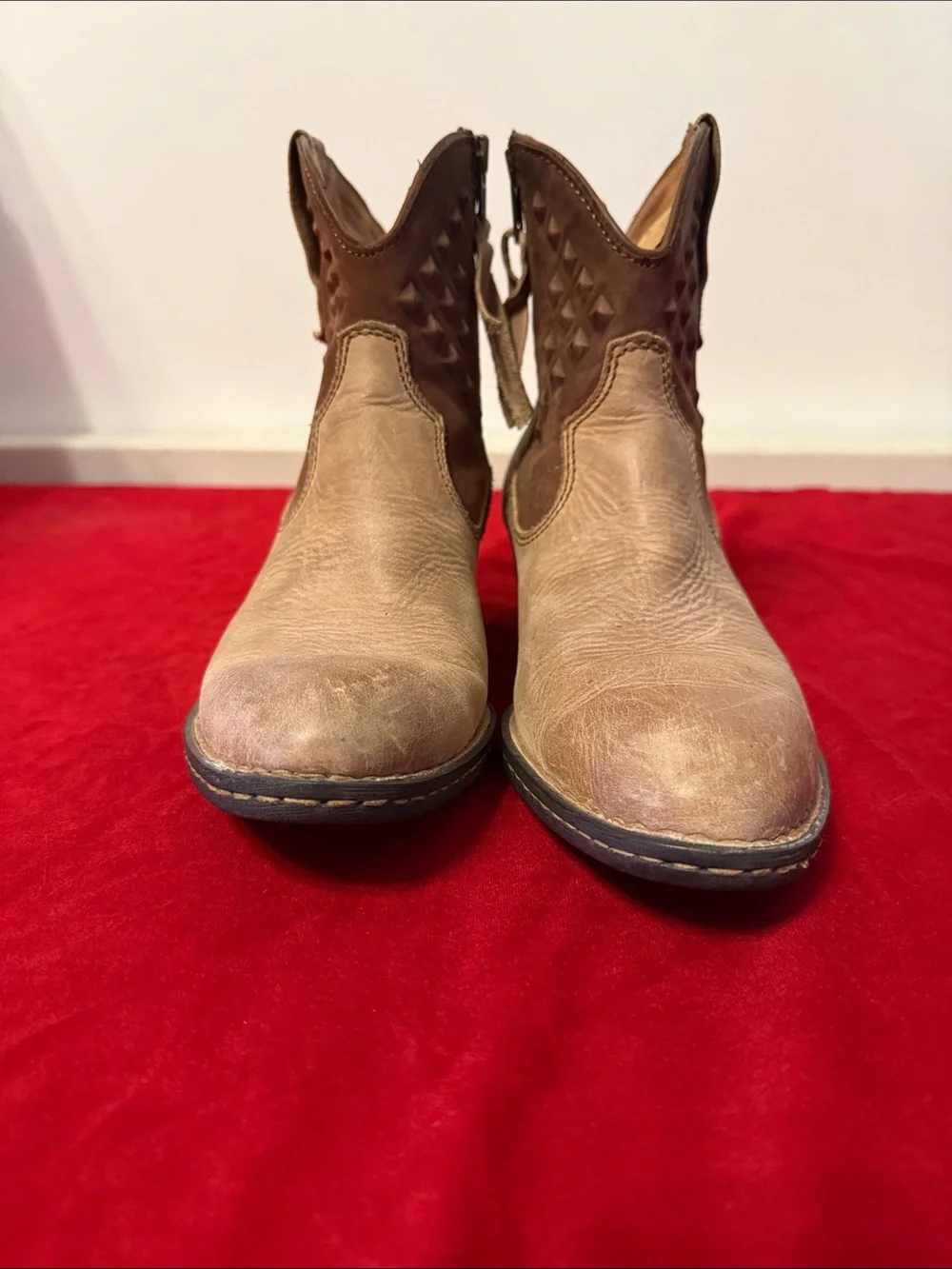 Born Women’s Two-Tone Tan Studded Western Ankle Boots